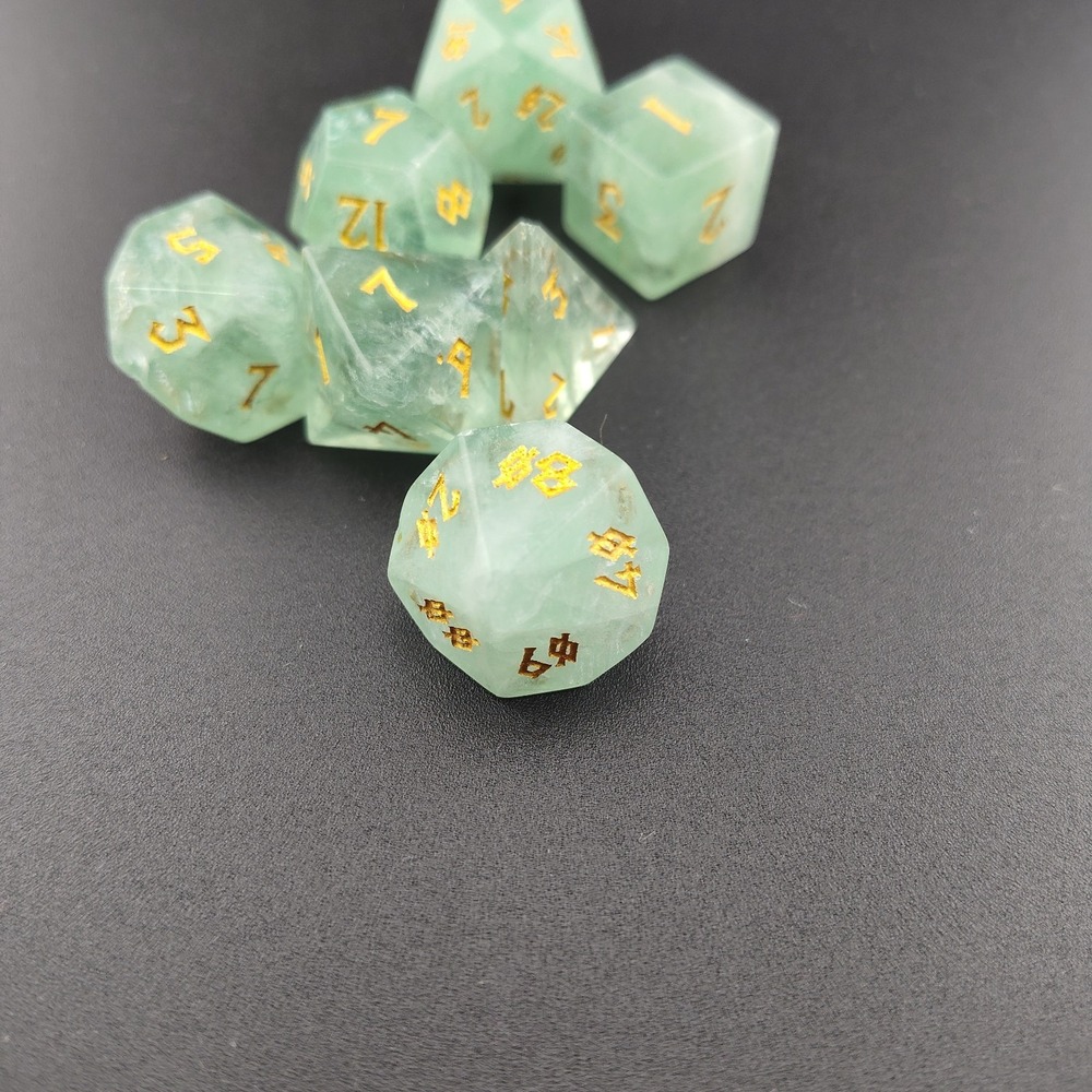Green Fluorite dice RPG gemstone gold engraved solid gaming polyhedral 7 D&D die